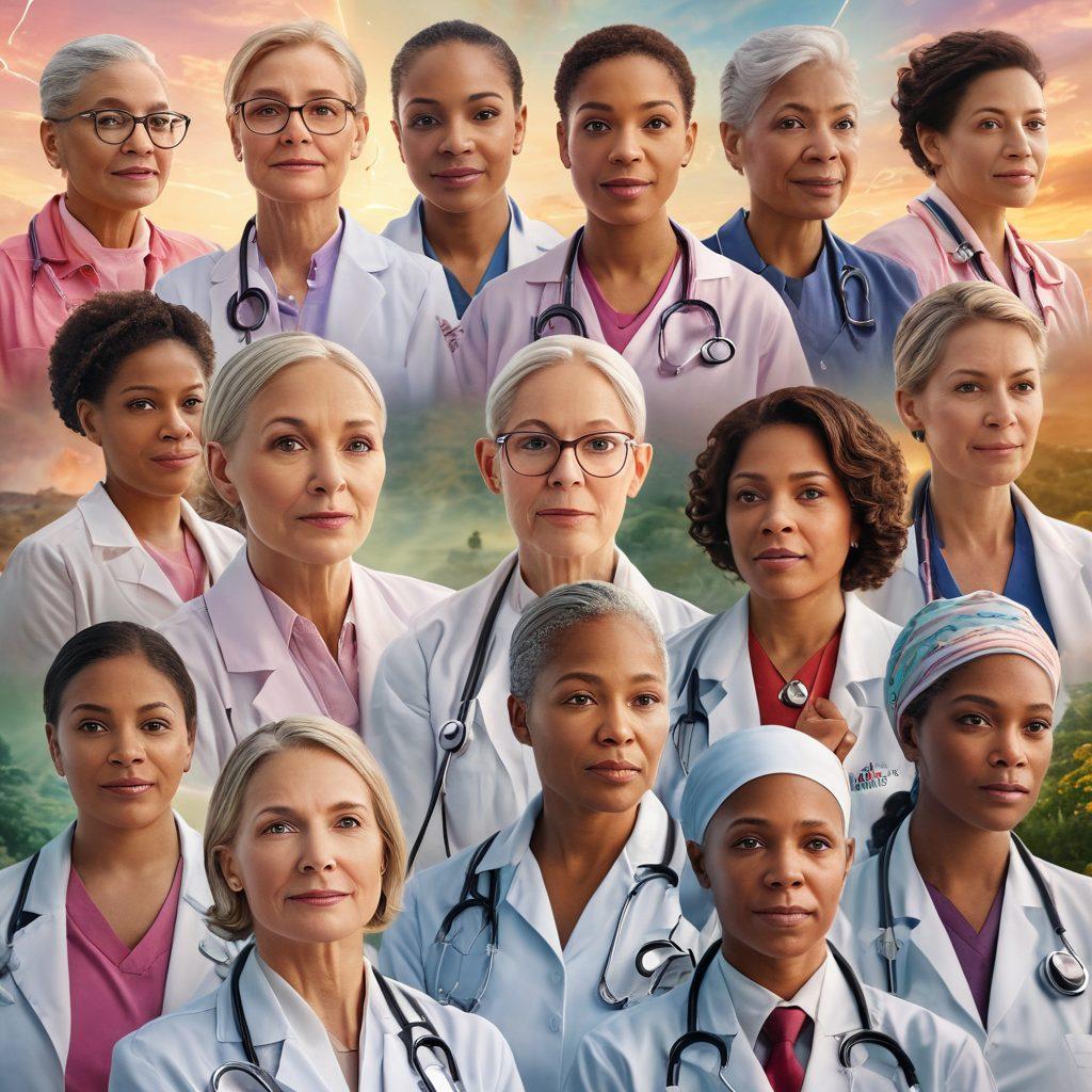 A montage of diverse individuals of various ages reflecting hope and resilience, surrounded by symbolic elements representing cancer treatments like ribbons, stethoscopes, and uplifting charts. The background features a serene landscape depicting a journey from darkness to light, conveying the theme of survival and strength. Emphasize warmth and empowerment in color choices. super-realistic. vibrant colors. soft focus.