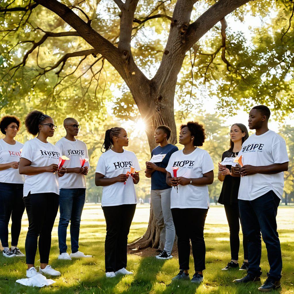 A diverse group of individuals sharing their personal stories in a serene park setting, with warm sunlight filtering through the trees. They are holding symbolic items representing hope, such as ribbons, flowers, and candles. Surrounding them are uplifting banners with messages of strength and advocacy. The scene conveys a sense of unity, resilience, and empowerment in the fight against cancer. super-realistic. vibrant colors. natural environment.